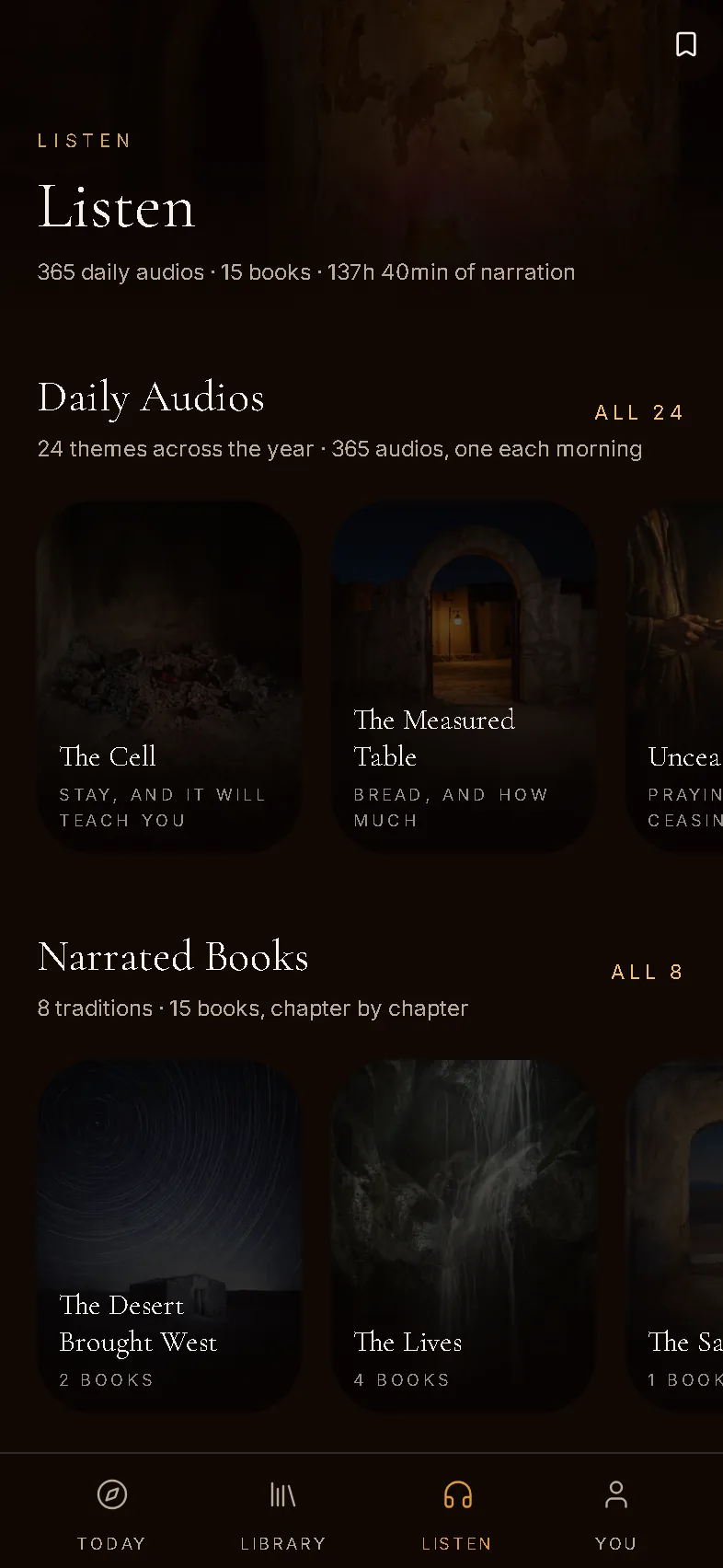 Listen — The year of daily audios above, the fifteen narrated classics below.