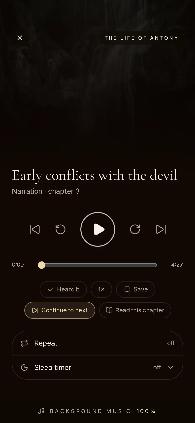 The Player — Keeps going with the screen off. Background music optional, mixed under the voice.